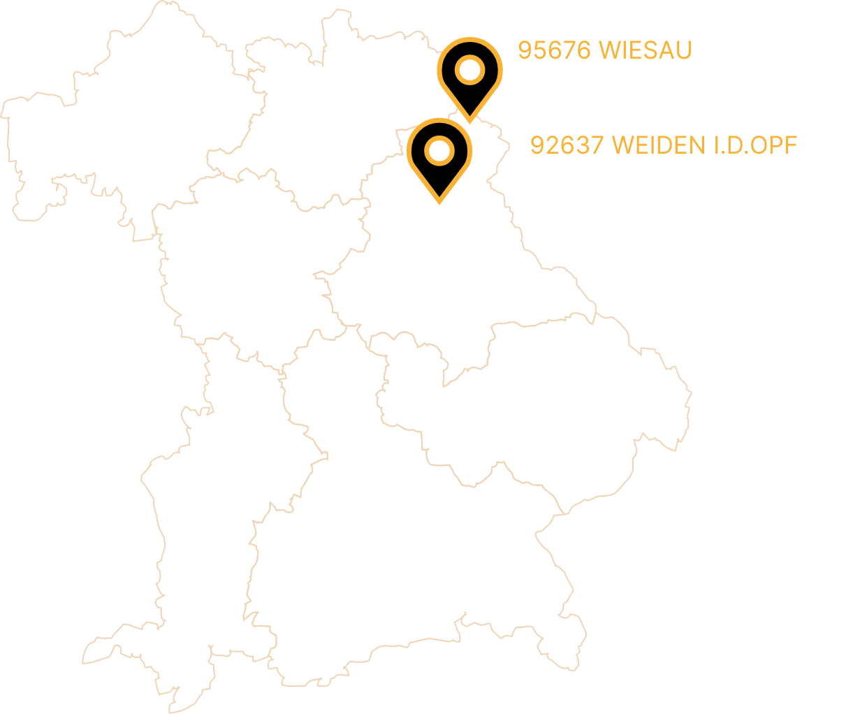 Stilisierte Karte des Bundeslandes Bayern mit zwei orangefarbenen Markierungen für die JoKa Kaffee Standorte 95676 Wiesau (Beratung/Service) und 92637 Weiden i.d.OPf. (Verkauf/Espressobar).