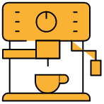 Stilisierte gelb-orangefarbene Grafik einer Espressomaschine oder eines Kaffeeautomaten mit einem Drehschalter und einer darunter platzierten Tasse.