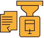 Stilisierte gelb-orangefarbene Grafik, die eine Kaffeemühle mit großem Trichter und ein Dokument mit Textlinien daneben darstellt.