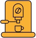 Stilisierte gelb-orangefarbene Grafik einer Siebträgermaschine mit einer Kaffeebohne als Symbol auf dem Gehäuse und einem angedeuteten Siebträgergriff. Unter dem Auslauf steht eine Tasse.