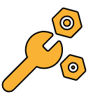 Stilisierte gelb-orangefarbene Grafik eines Schraubenschlüssels und zweier Sechskantmuttern, die Wartung oder Service symbolisieren, auf schwarzem Hintergrund.